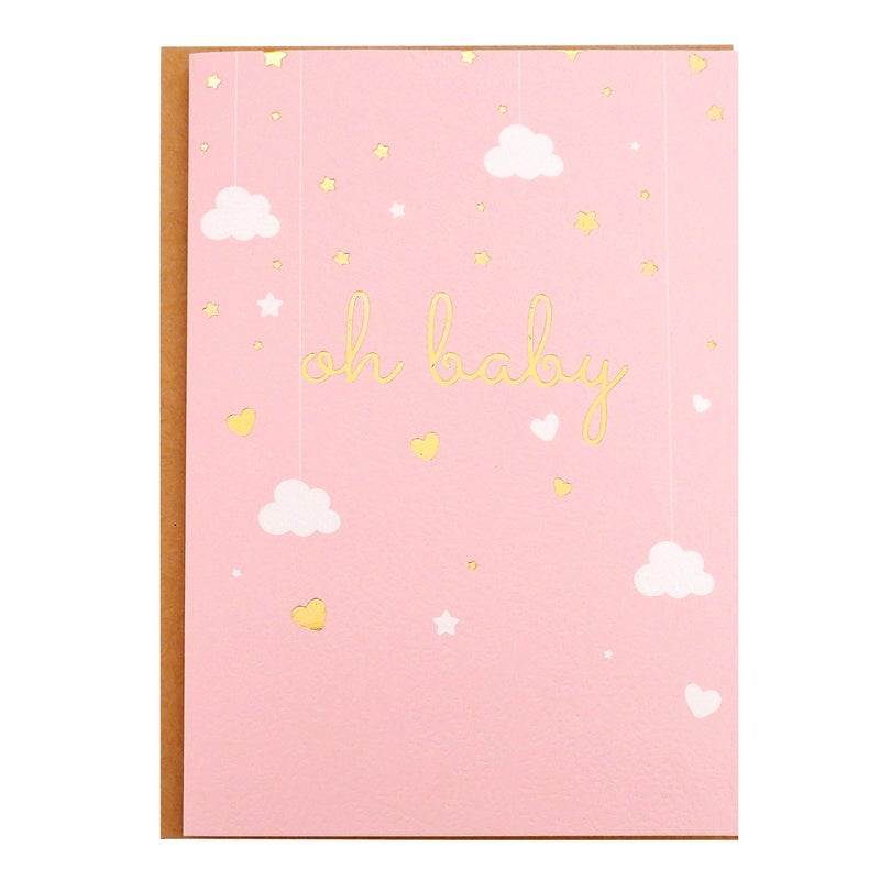 CHRIZ.Z Baby Shower Card - Single Pink Greeting Cards 5" x 7" with Kraft Envelope - Gold Foil Printing "Oh Baby!" for Congratulations Babyshower for Newborn Girl - Blank Inside (Pink) - Image 1